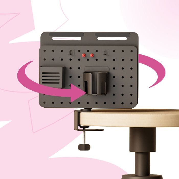 obrotowa tablica perforowana, organizer na biurko, pegboard obrotowy, tablica z uchwytami, organizer Spacetronik Holdee, akcesoria biurowe, biurowy organizer obrotowy, biurko z tablicą, tablica zaciskowa