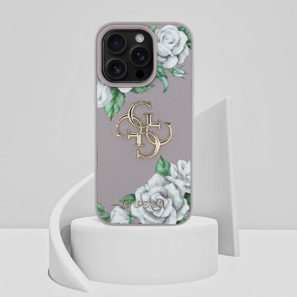 Etui Guess Grained Roses Big 4G logo do  iPhone 16 Pro fioletowy