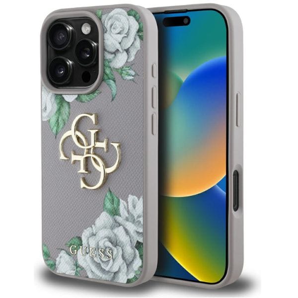 Etui Guess Grained Roses Big 4G logo do  iPhone 16 Pro fioletowy