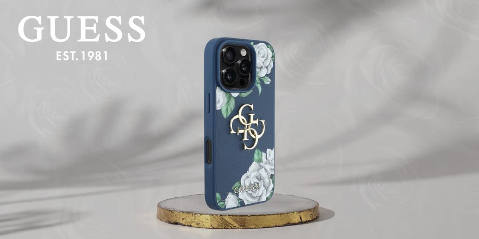 Etui Guess Grained Roses Big 4G logo do  iPhone 16 Pro niebieski