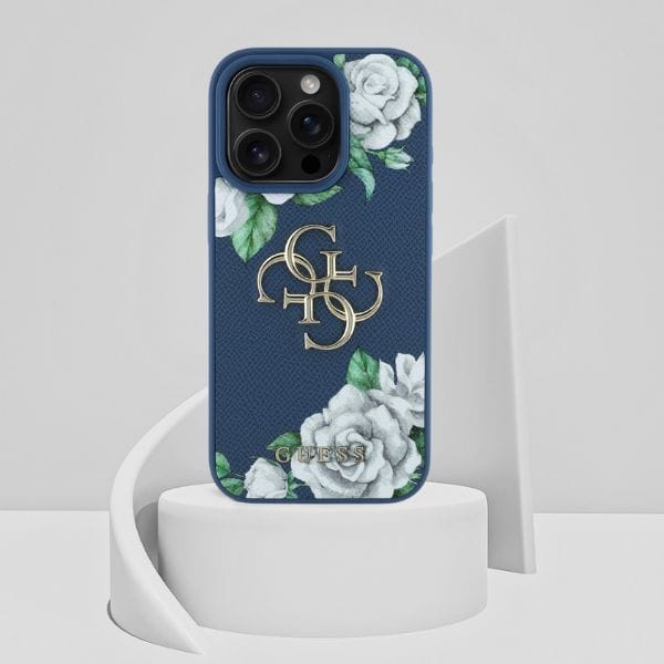 Etui Guess Grained Roses Big 4G logo do  iPhone 16 Pro niebieski