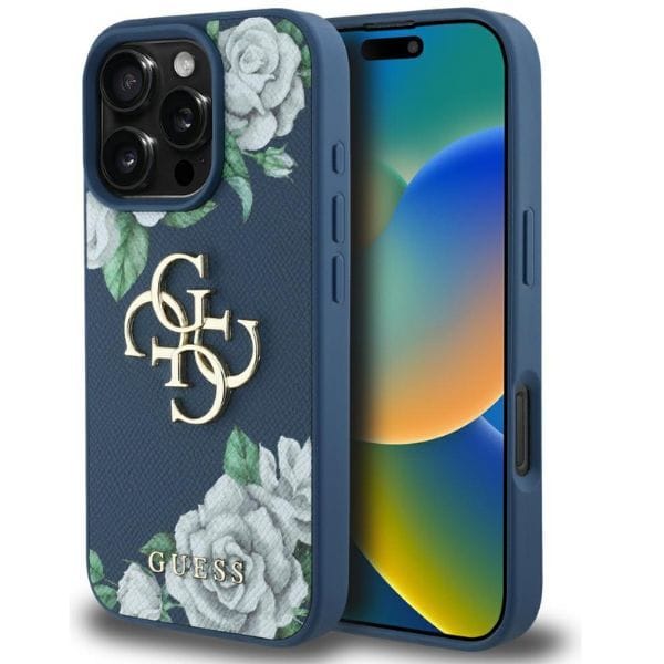 Etui Guess Grained Roses Big 4G logo do  iPhone 16 Pro niebieski