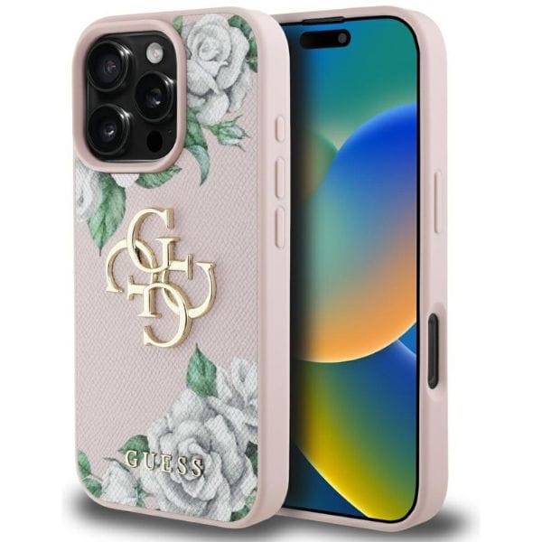 Etui Guess Grained Roses Big 4G logo do  iPhone 16 Pro różowy