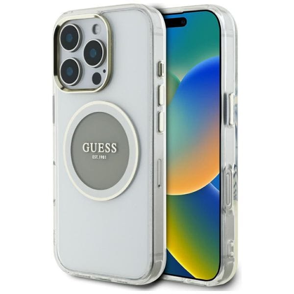 Etui Guess IML Metal Colored Circle      Classic Logo MagSafe do iPhone 16 Pro Max szary