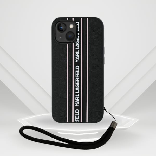 Etui Karl Lagerfeld Saffiano Athleisure  Stripes Cord do iPhone 15 czarno-różowy