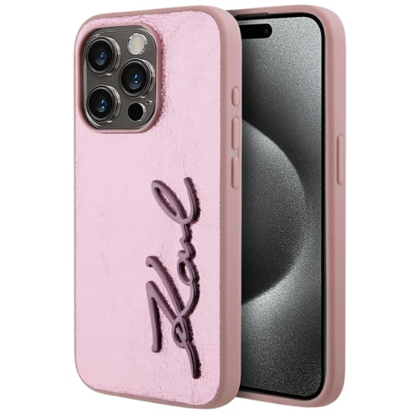 Etui Karl Lagerfeld Wrinkled Metal       Signature do iPhone 15 Pro Max różowy
