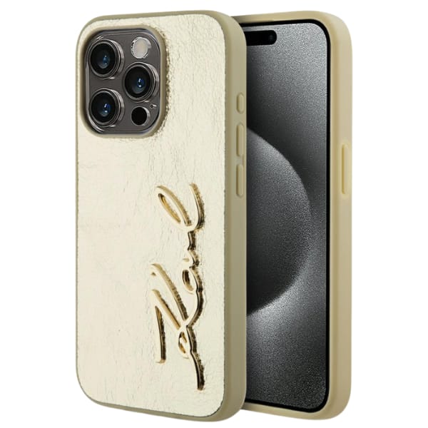 Etui Karl Lagerfeld Wrinkled Metal       Signature do iPhone 15 Pro Max złoty