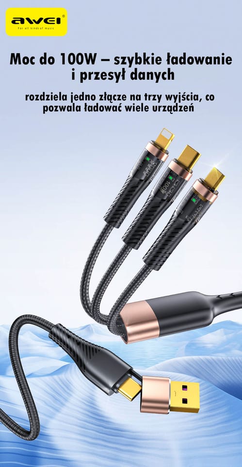 AWEI kabel CL-228 usb-c/lightning/mico   3w2 czarny/black