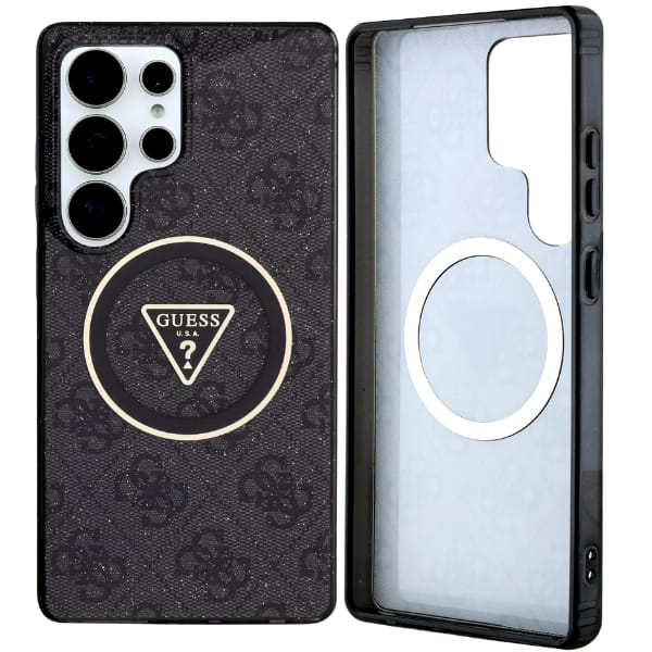 Etui Guess 4G Glitter Triangle Buttons MagSafe do Samsung Galaxy S25 Ultra czarny