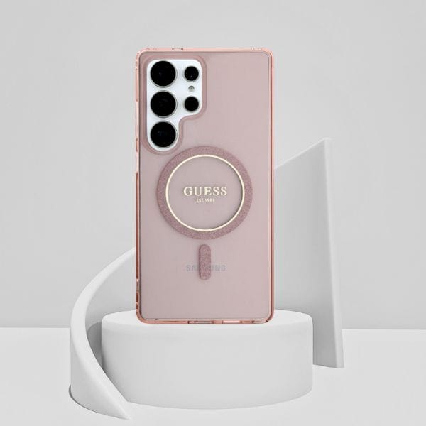 Etui Guess Glitter Circle Classic Logo   MagSafe do Samsung Galaxy S25 Ultra różowy