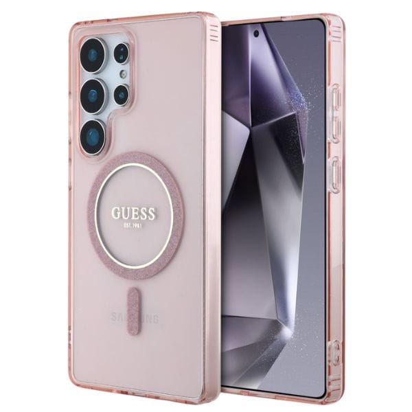 Etui Guess Glitter Circle Classic Logo   MagSafe do Samsung Galaxy S25 Ultra różowy