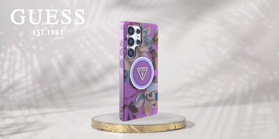 Etui Guess Glitter Flowers Triangle Buttons MagSafe do Samsung Galaxy S25 Ultra fioletowy