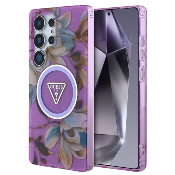 Etui Guess Glitter Flowers Triangle Buttons MagSafe do Samsung Galaxy S25 Ultra fioletowy