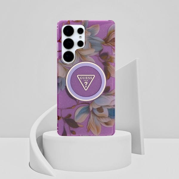 Etui Guess Glitter Flowers Triangle Buttons MagSafe do Samsung Galaxy S25 Ultra fioletowy