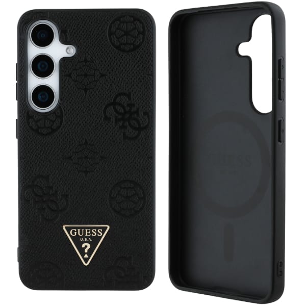 Etui Guess Grained Hot Stamp Peony       Pattern Triangle Logo MagSafe do Samsung Galaxy S25 czarny