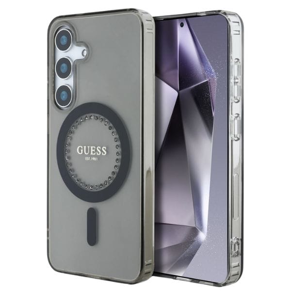 Etui Guess Rhinestones Printed Classic   Logo MagSafe Samsung Galaxy S25 czarny