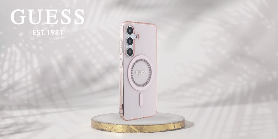 Etui Guess Rhinestones Printed Classic Logo MagSafe Samsung Galaxy S25 różowy