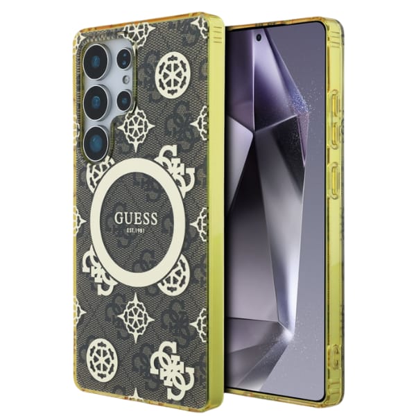 Etui Guess 4G Background Gold            Electroplated Peony Pattern MagSafe do Samsung Galaxy S25 Ultra brązowy