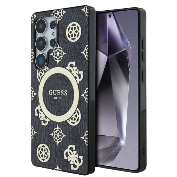 Etui Guess 4G Background Gold            Electroplated Peony Pattern MagSafe do Samsung Galaxy S25 Ultra czarny