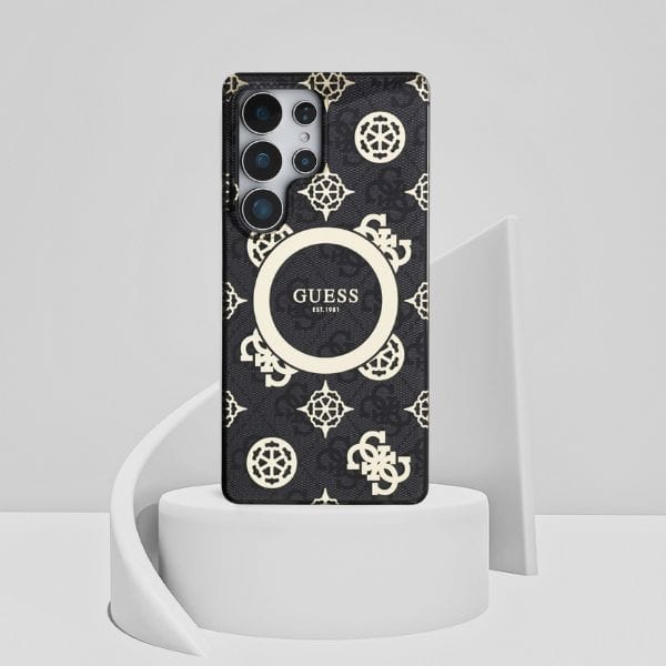Etui Guess 4G Background Gold            Electroplated Peony Pattern MagSafe do Samsung Galaxy S25 Ultra czarny