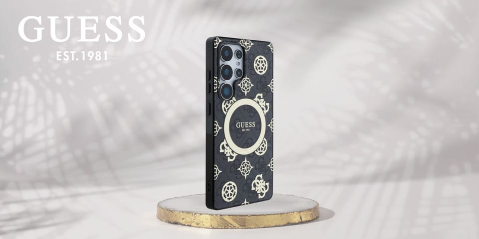 Etui Guess 4G Background Gold            Electroplated Peony Pattern MagSafe do Samsung Galaxy S25 Ultra czarny