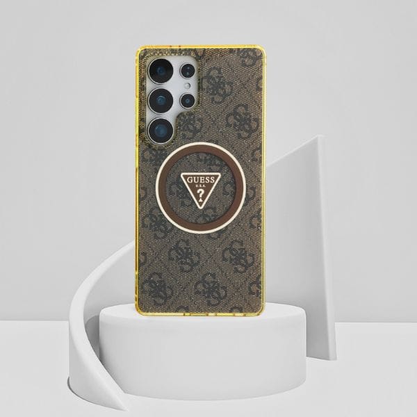 Etui Guess 4G Glitter Triangle Buttons   MagSafe do Samsung Galaxy S25 Ultra brązowy
