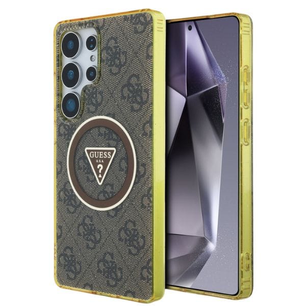 Etui Guess 4G Glitter Triangle Buttons   MagSafe do Samsung Galaxy S25 Ultra brązowy