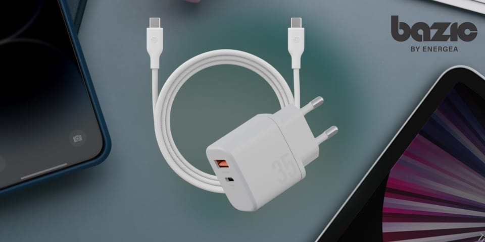 Ładowarka sieciowa Bazic Goport Velox    Kit 1xUSB-C 1xUSB-A GaN 35W z kablem plecionym biały