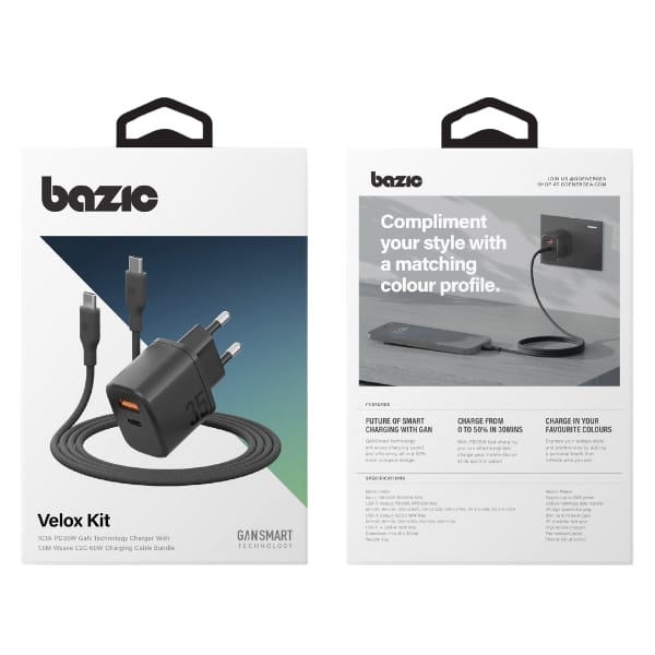 Ładowarka sieciowa Bazic Goport Velox    Kit 1xUSB-C 1xUSB-A GaN 35W z kablem plecionym czarny