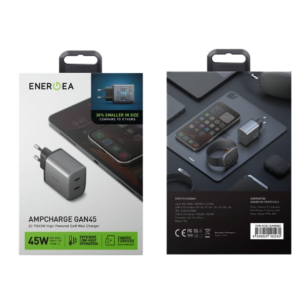 Ładowarka sieciowa Energea Ampcharge     GaN45 2xUSB-C PD/PPS/QC3.0 45W szary