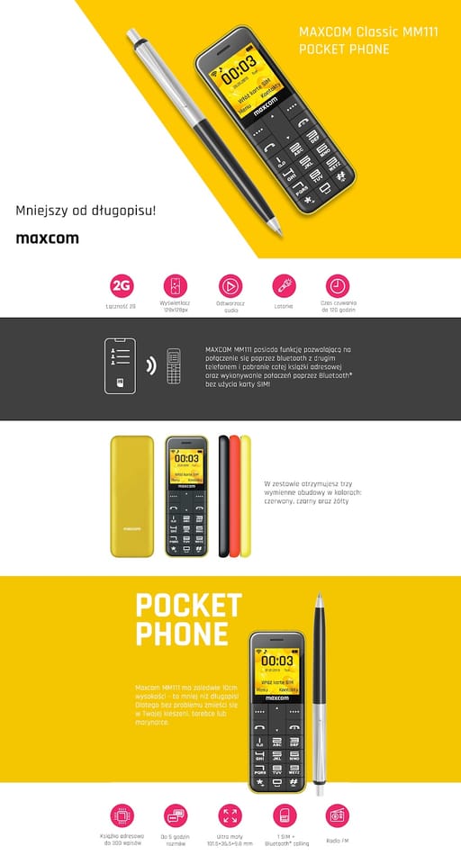 Maxcom MM111 2G + trzy wymienne obudowyczarny/czerwony/żółty