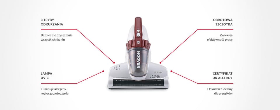 Hoover MBC500UV 011 Odkurzacz do materacy, bezworkowy, pojemnik na kurz 0,3 l, moc 500 W, promień roboczy 5 m, biały/czerwony |