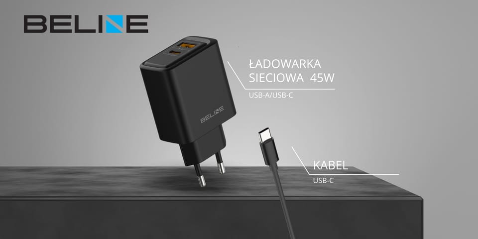 Ładowarka sieciowa Beline 45W            USB-A/USB-C + kabel USB-C/USB-C BLN2CB45C czarny