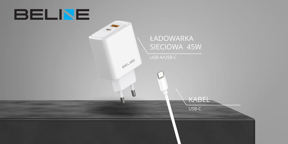 Ładowarka sieciowa Beline 45W            USB-A/USB-C + kabel USB-C/USB-C BLN2CW45C biały