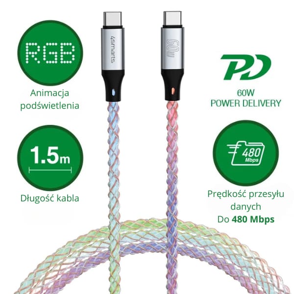 Kabel 4smarts USB-C 60W 1.5m RGB