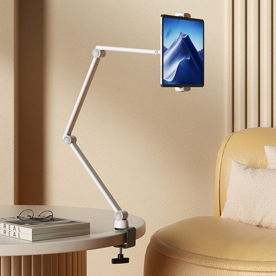 uchwyt biurkowy do tableta, podstawka na iPad, uchwyt z klamrą do biurka, uchwyt do smartfona na biurko, Spacetronik uchwyt tablet, regulowany uchwyt biurkowy, stojak do tabletu z klipsem, ramię do tableta biurko