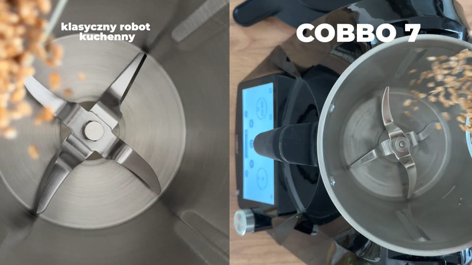 mielenie zboża w klasycznym robocie kuchennym oraz w naszym robocie cobbo 7