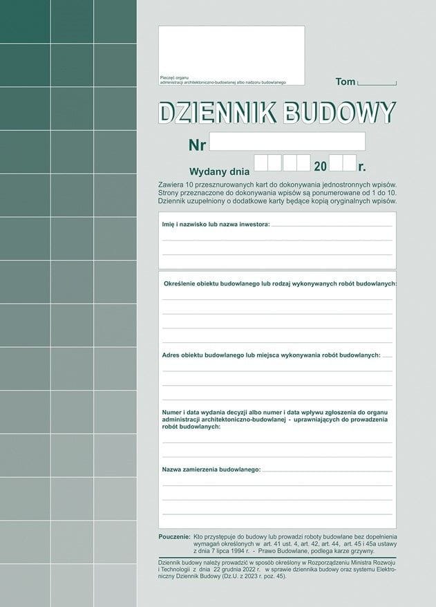 603-S11 Dziennik budowy (10kpl.) A4 oryginał + kopia Michalczyk i Prokop