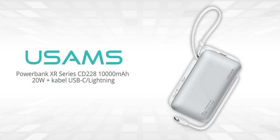 Powerbank USAMS XR Series CD228 10000mAh 20W + kabel USB-C/Lightning biały