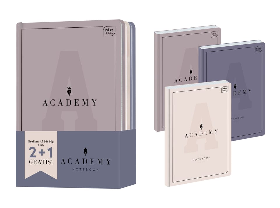 Brulion A5 96k kratka ACADEMY 2+1 gratis mix okładek INTERDRUK