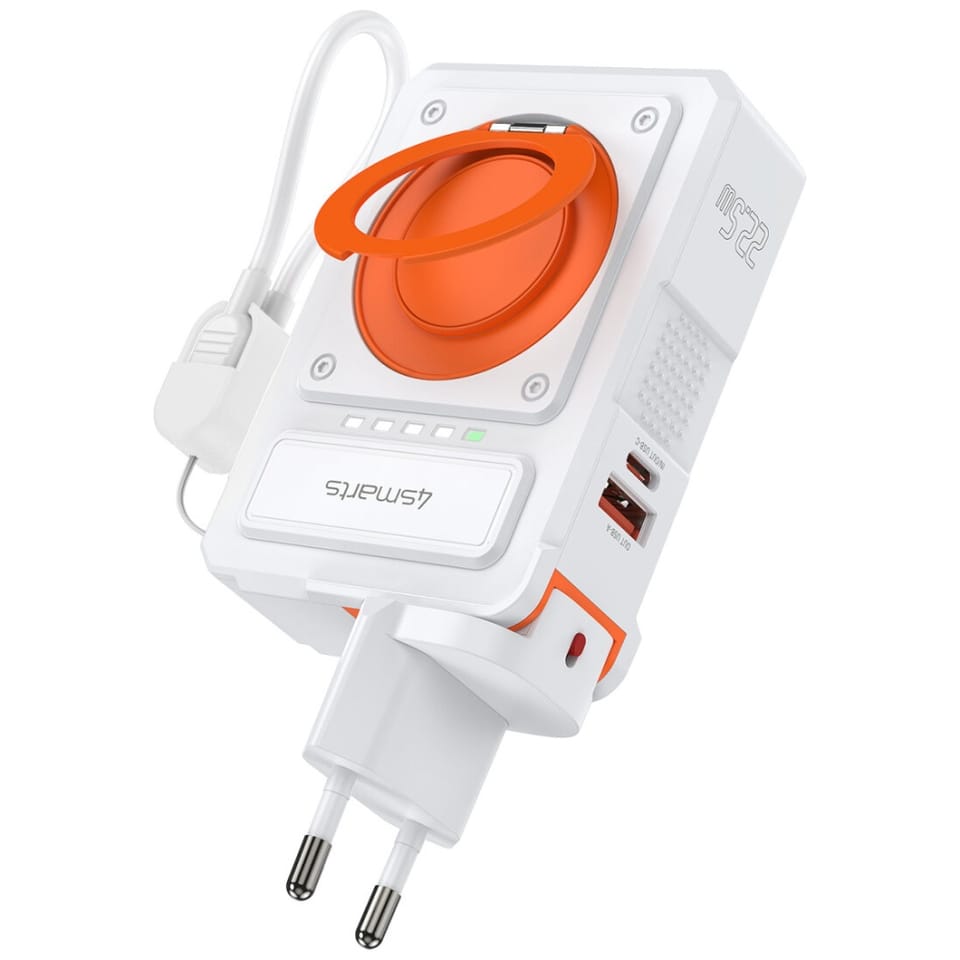 Ładowarka hybrydowa 4smarts 6w1          USB-C/USB-A PD 20W z powerbankiem 10 000 mAh, ładowanie indukcyjne Qi, kabel USB-C, stojak 360, biały