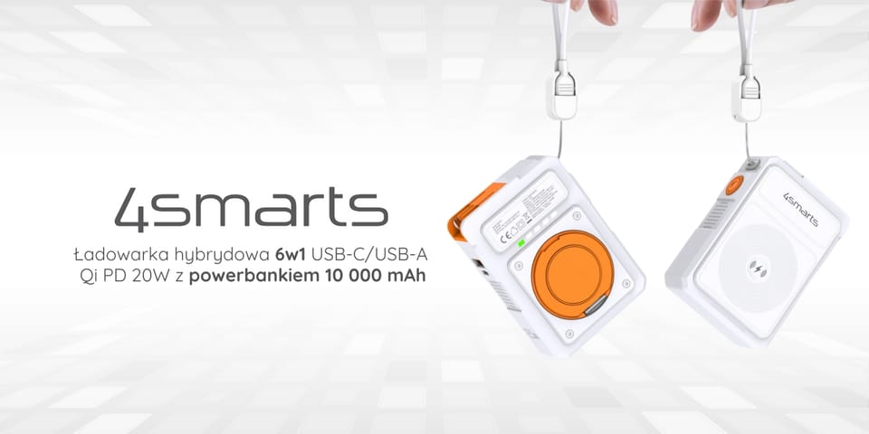 Ładowarka hybrydowa 4smarts 6w1          USB-C/USB-A PD 20W z powerbankiem 10 000 mAh, ładowanie indukcyjne Qi, kabel USB-C, stojak 360, biały