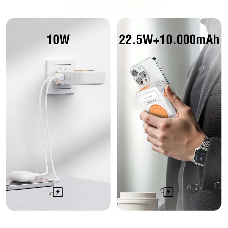 Ładowarka hybrydowa 4smarts 6w1          USB-C/USB-A PD 20W z powerbankiem 10 000 mAh, ładowanie indukcyjne Qi, kabel USB-C, stojak 360, biały