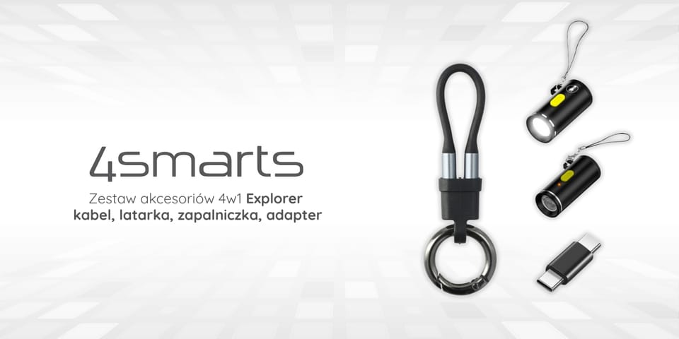 Zestaw akcesoriów 4w1 4smarts Explorer   kabel brelok USB-C, adapter USB-C do USB-C, zapalniczka USB-C, latarka USB-C, czarny