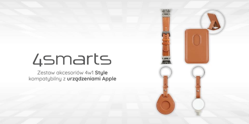 Zestaw akcesoriów 4w1 4smarts Style      portfel MagSafe, ładowarka do Apple Watch, pasek do Apple Watch, etui na AirTag, brązowy