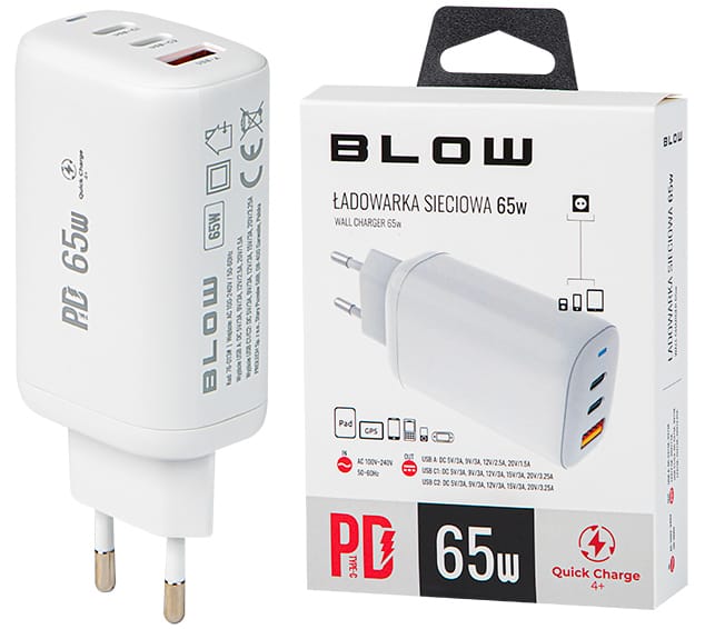Ładowarka sieciowa gniazdo USB + USB-C x2 65W