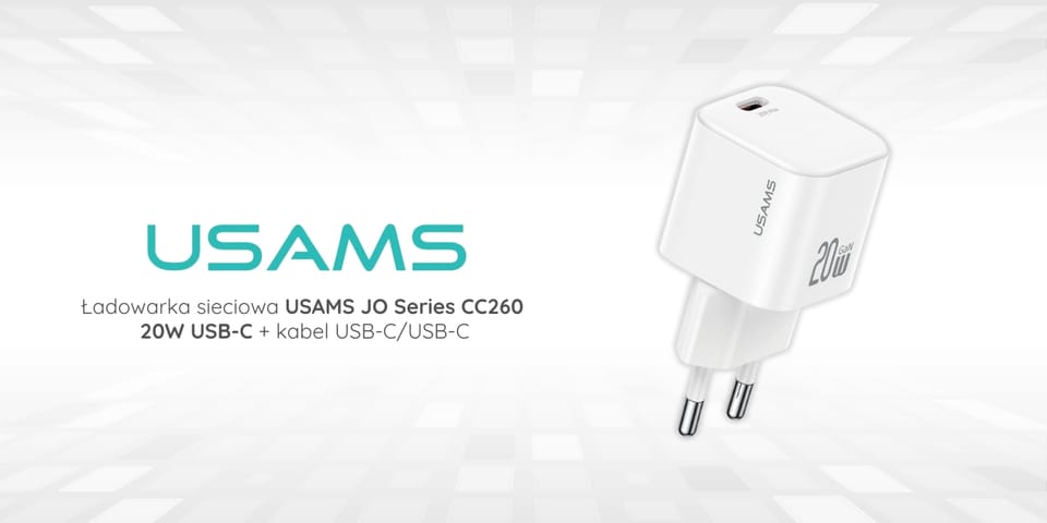 Ładowarka sieciowa USAMS JO Series CC260 20W USB-C + kabel USB-C/USB-C 1m biały