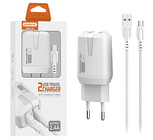 Ładowarka sieciowa 2x USB 2400mA  plus kabel microUSB
