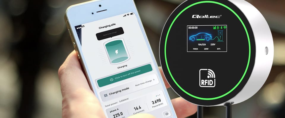 Qoltec Stacja ładowania EV 2w1 Typ2 | 22kW | Wi-fi|  | LCD | 3 fazy | Wallbox | Smart life app| RFID | 5m