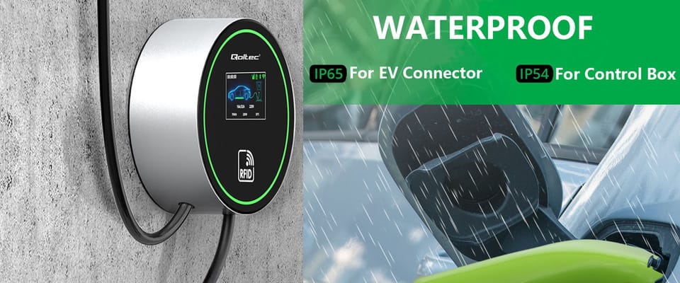 Qoltec Stacja ładowania EV 2w1 Typ2 | 22kW | Wi-fi|  | LCD | 3 fazy | Wallbox | Smart life app| RFID | 5m